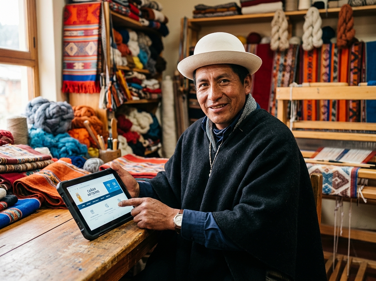 Emprendedor con tablet en taller artesanal FlashNet