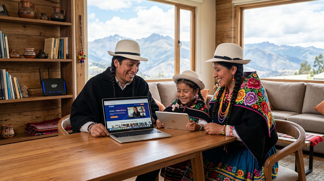 Familia conectada a internet de fibra óptica FlashNet